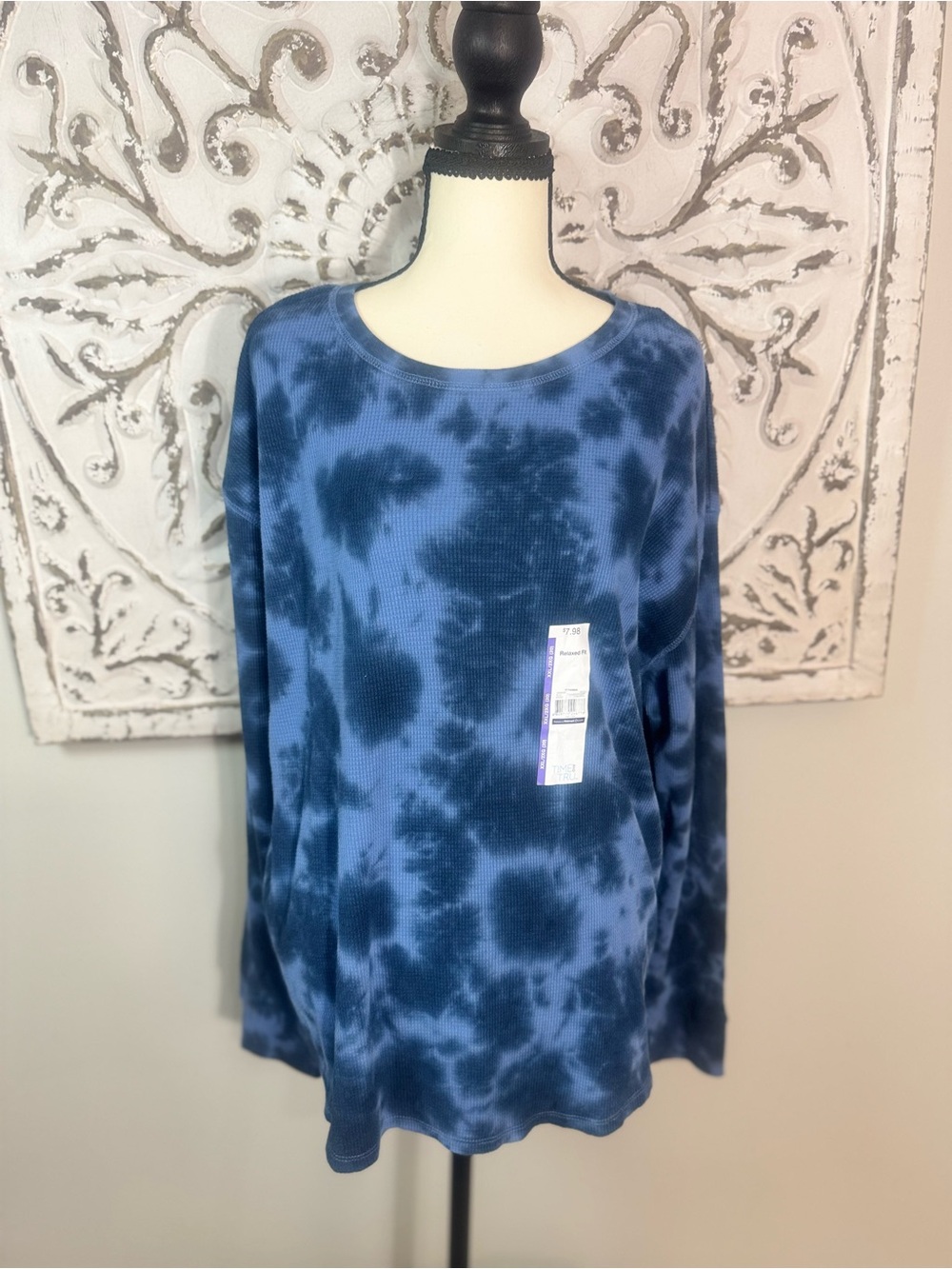 Time and Tru XXL 20 Blue Tie Dye Thermal Waffle Knit Long Sleeve Top NWT